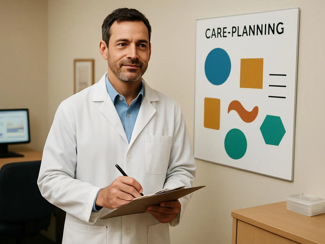 A man in a white lab coat writes on a clipboard beside a wall poster labeled care-planning