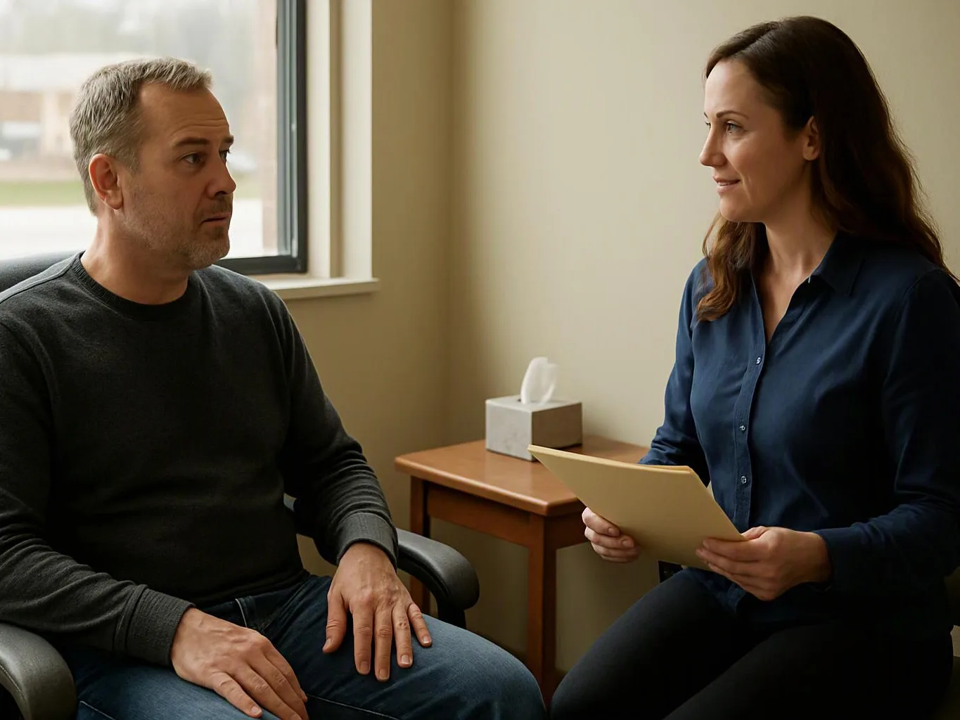 A man and woman sit facing each other in a quiet office, she holds a folder and they talk near a window