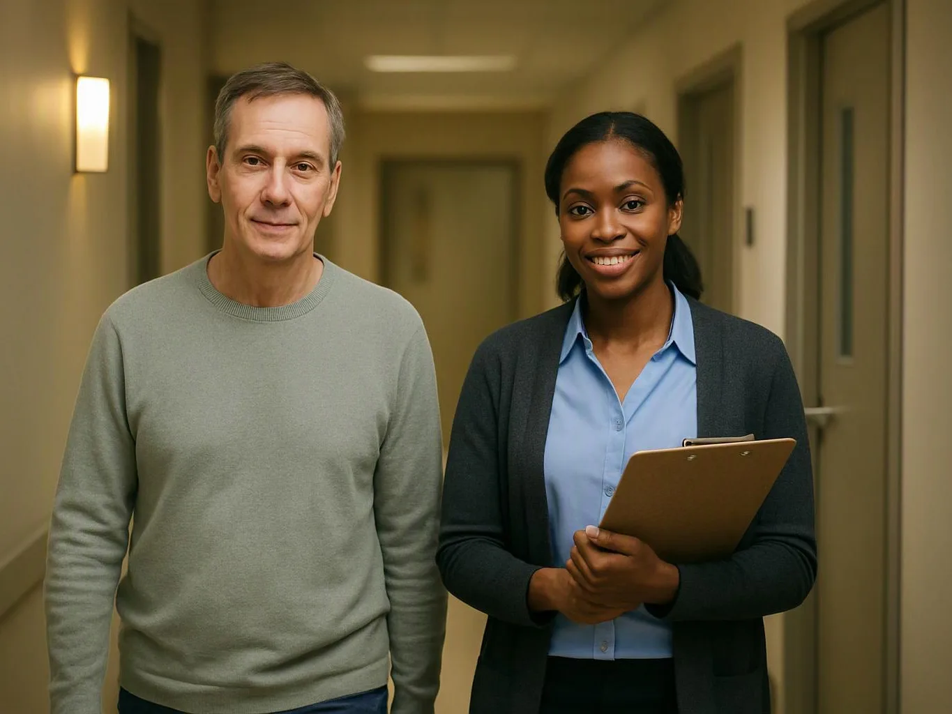 A man and woman stand in a hallway, and the woman holds a clipboard and smiles at the camera