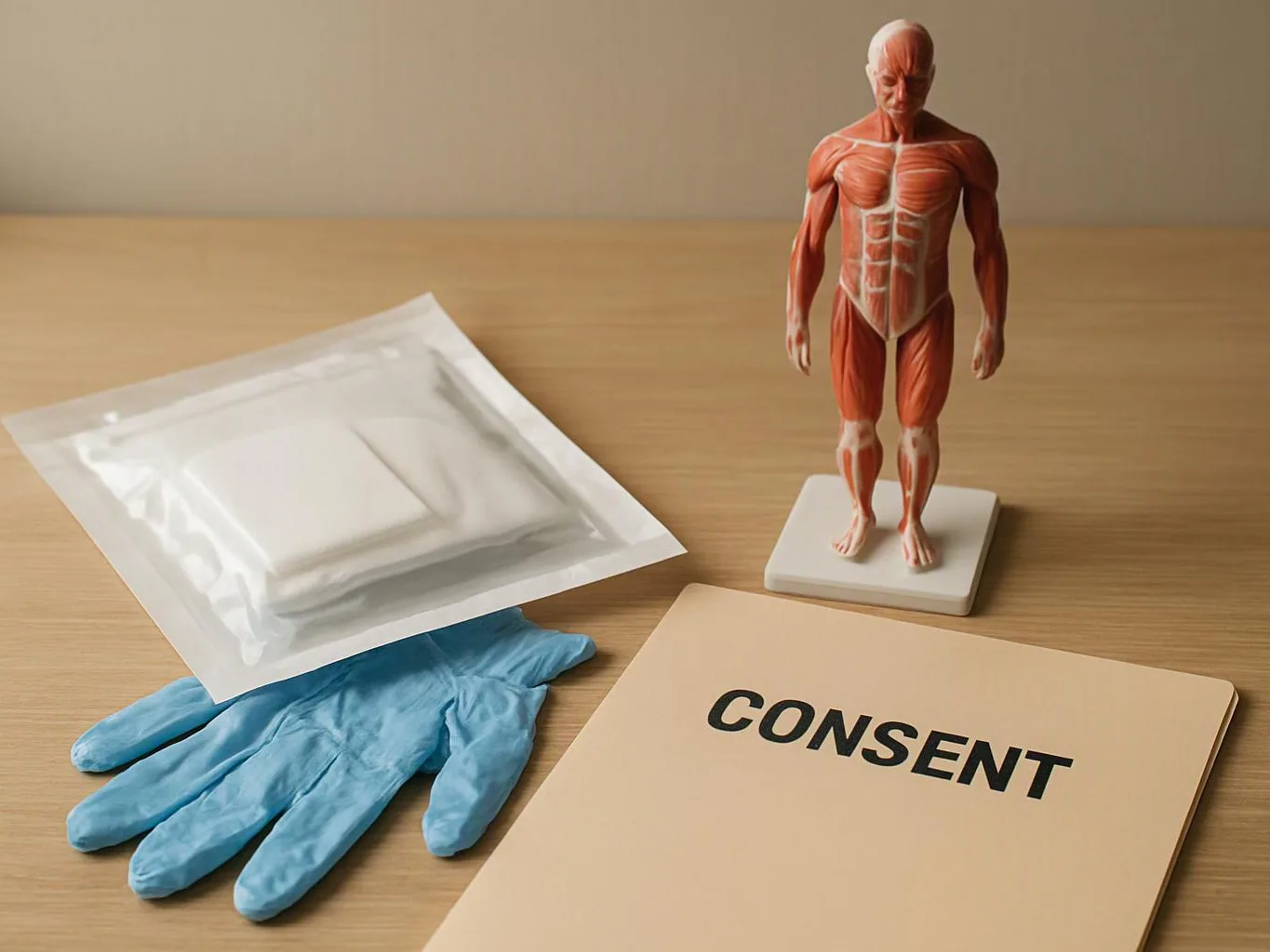 A medical anatomy model stands beside blue gloves, a sealed packet, and a folder labeled “CONSENT” on a table