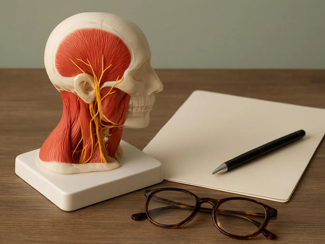 A medical anatomy skull model sits beside a notebook, pen, and eyeglasses on a wooden desk