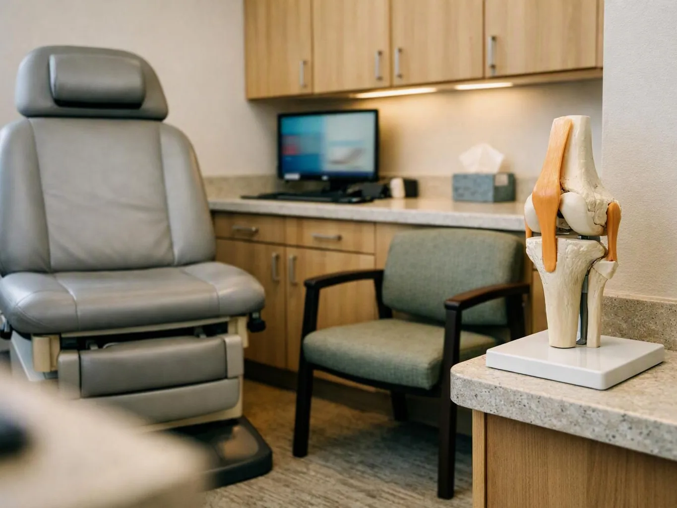 Medical exam room with an exam chair, a waiting chair, cabinets, a computer, and a knee joint model on the counter