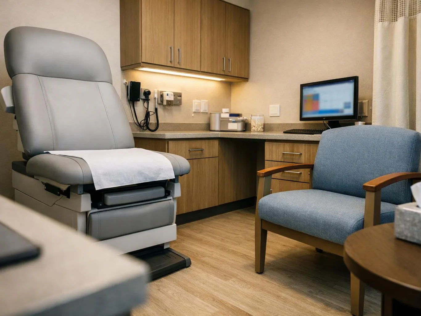 A medical exam room shows a padded examination chair, a blue waiting chair, and wooden cabinets with a computer desk