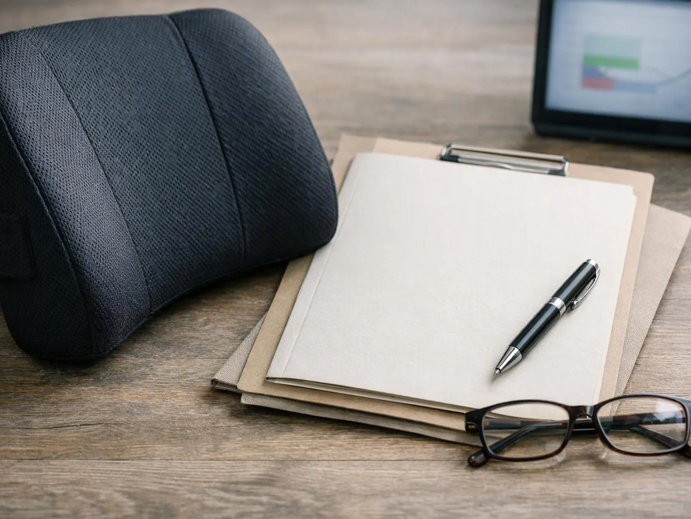 A notebook, pen, eyeglasses, and cushion sit on a wooden desk near a blurred screen