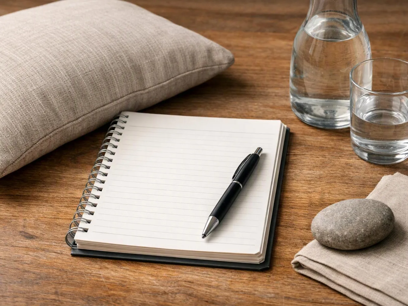 A notebook with a pen sits on a wooden table beside a pillow, glass bottle, water glass, folded cloth, and stone