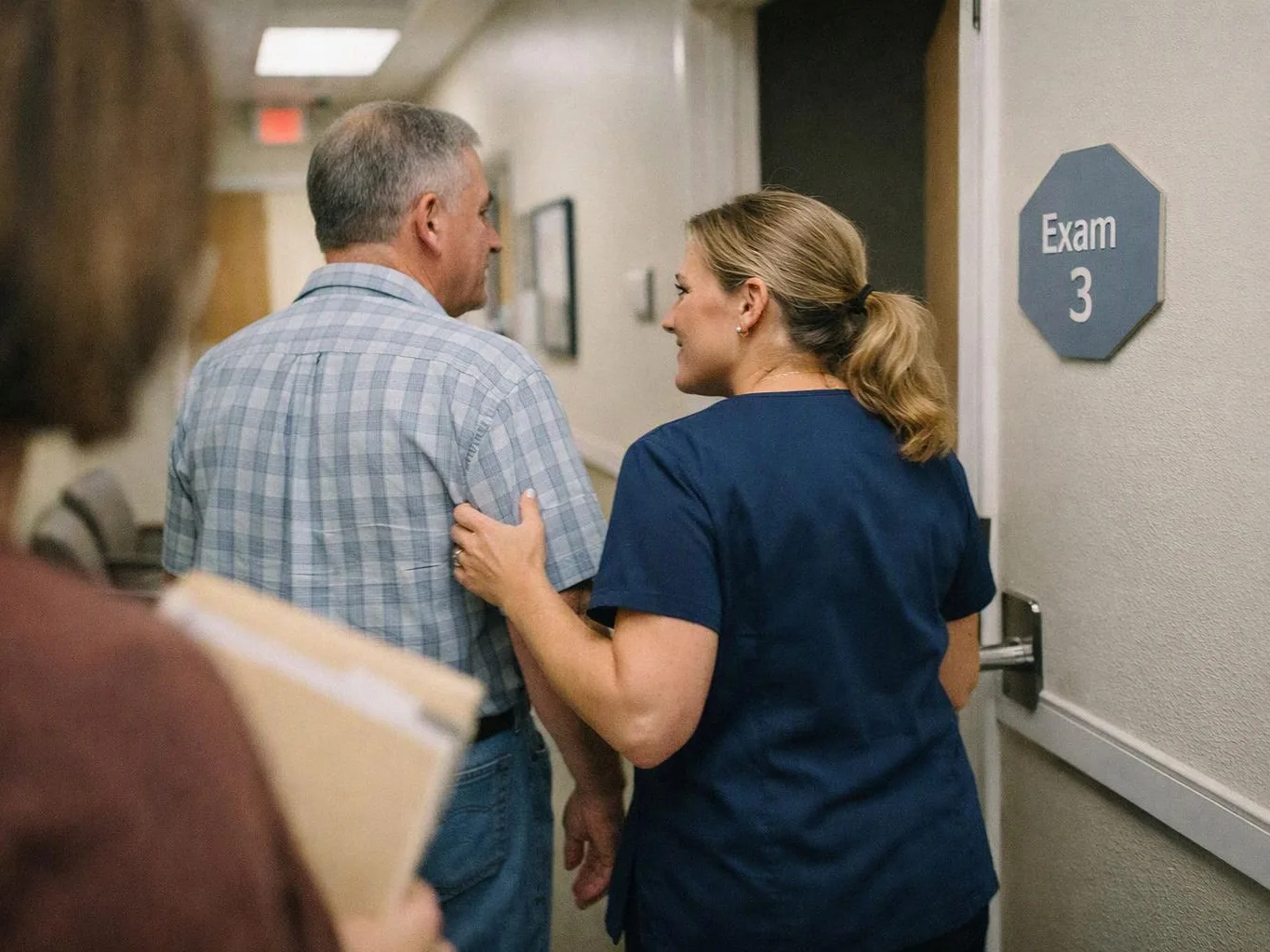 A nurse in blue scrubs guides an older man down a clinic hallway past an exam room sign