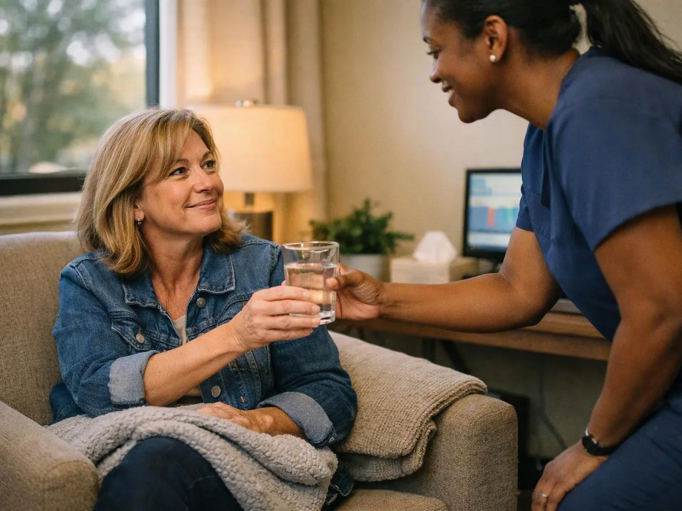 A nurse hands a glass of water to a smiling woman seated in an armchair at home