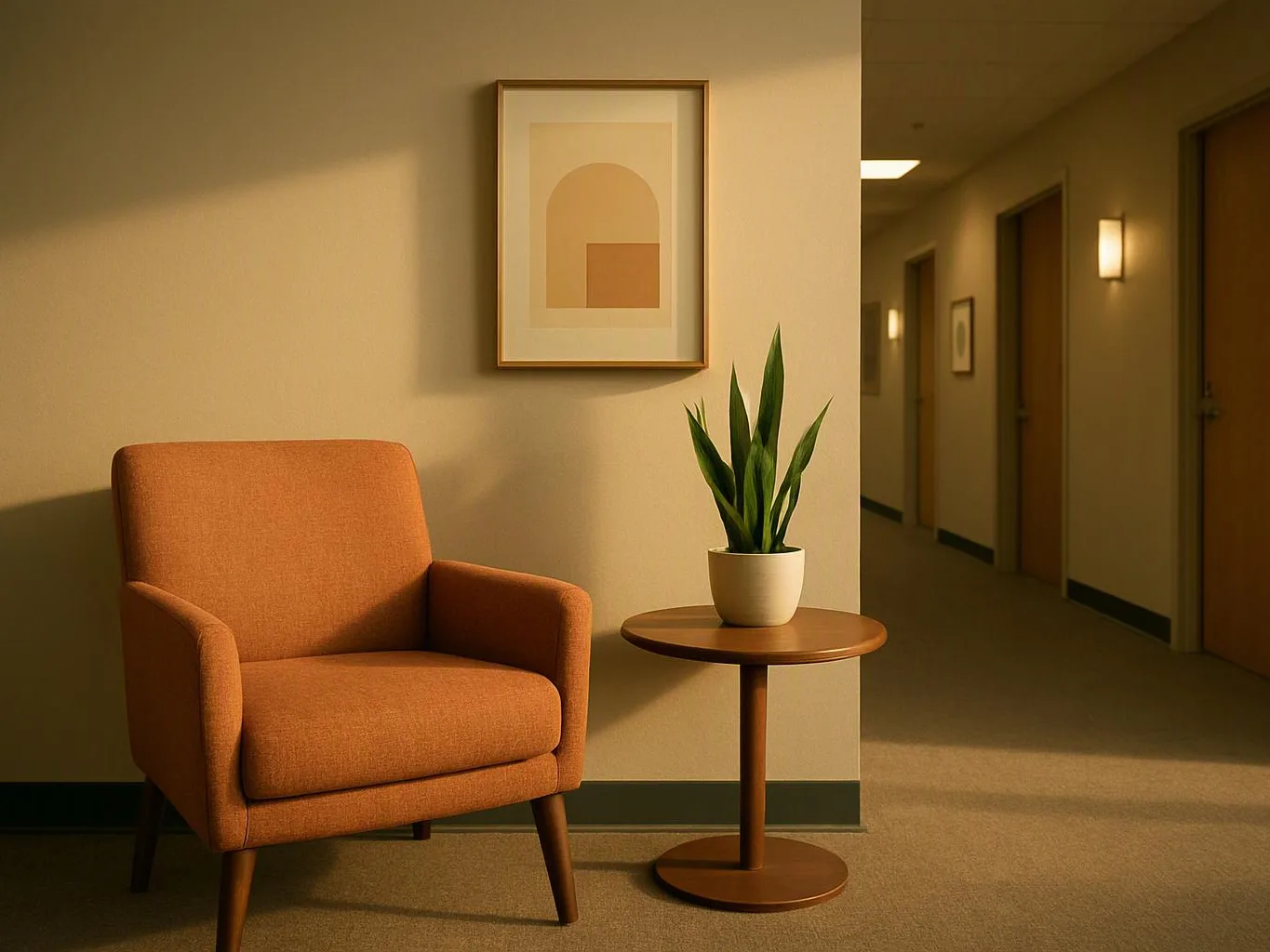 Orange armchair and small table with a potted plant sit in a softly lit hallway lounge
