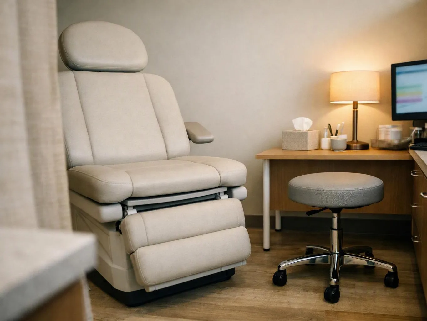 A padded exam chair sits beside a desk with a lamp, stool, and computer in a quiet room