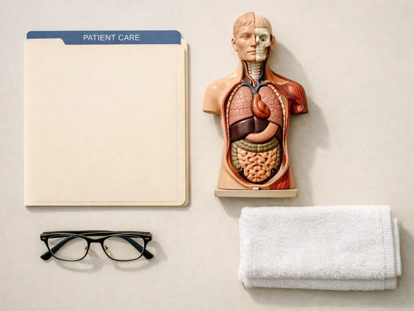 A patient care folder, anatomical torso model, eyeglasses, and folded white towels lie on a light surface