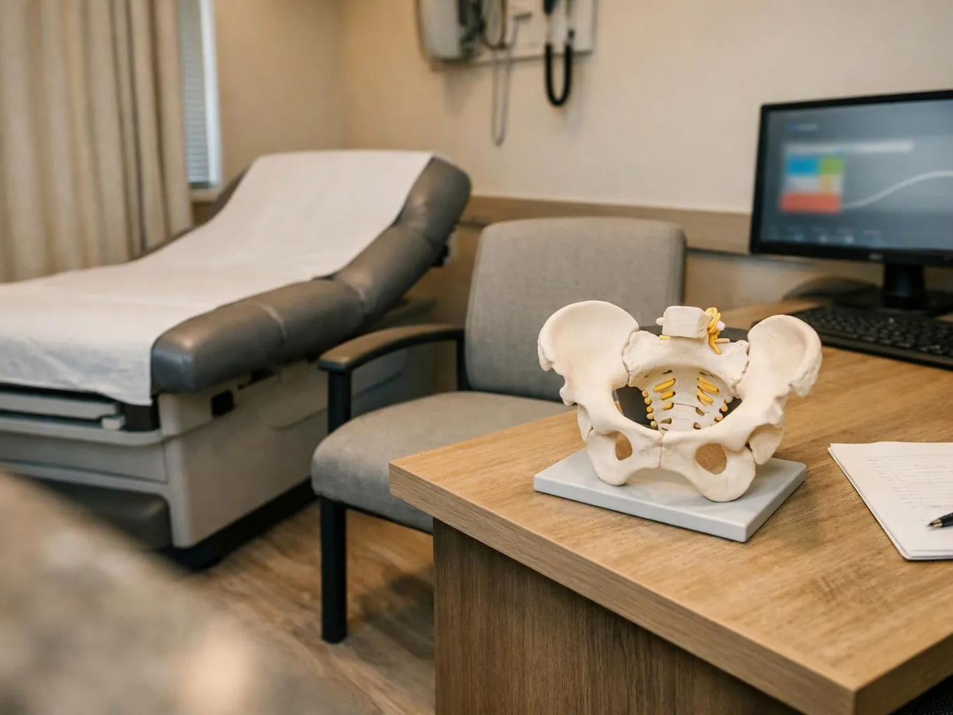 A pelvic bone model sits on a desk in a quiet exam room beside an empty medical table and chair