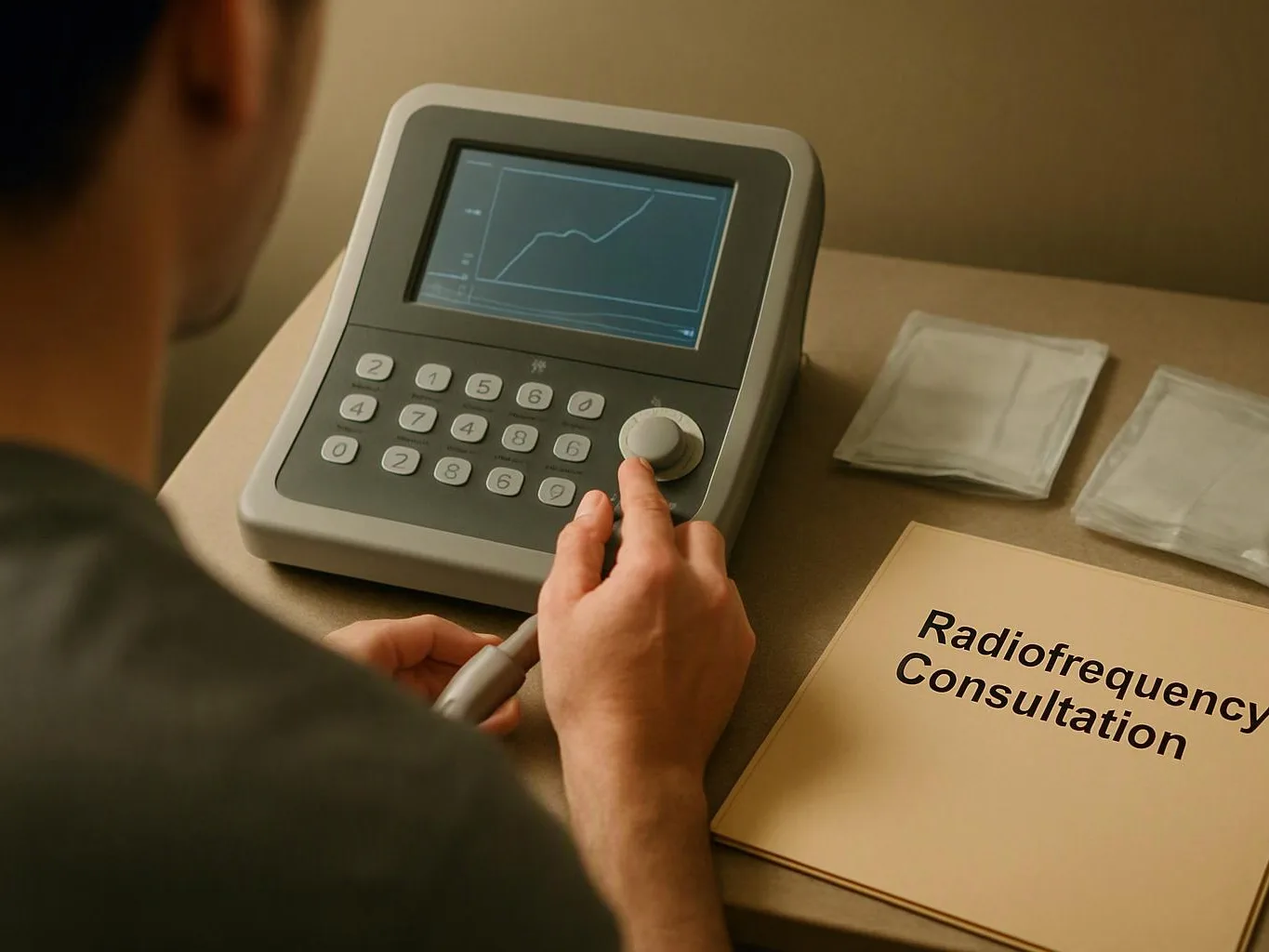 A person adjusts a medical device with a screen, buttons, and dial beside a folder labeled “Radiofrequency Consultation”