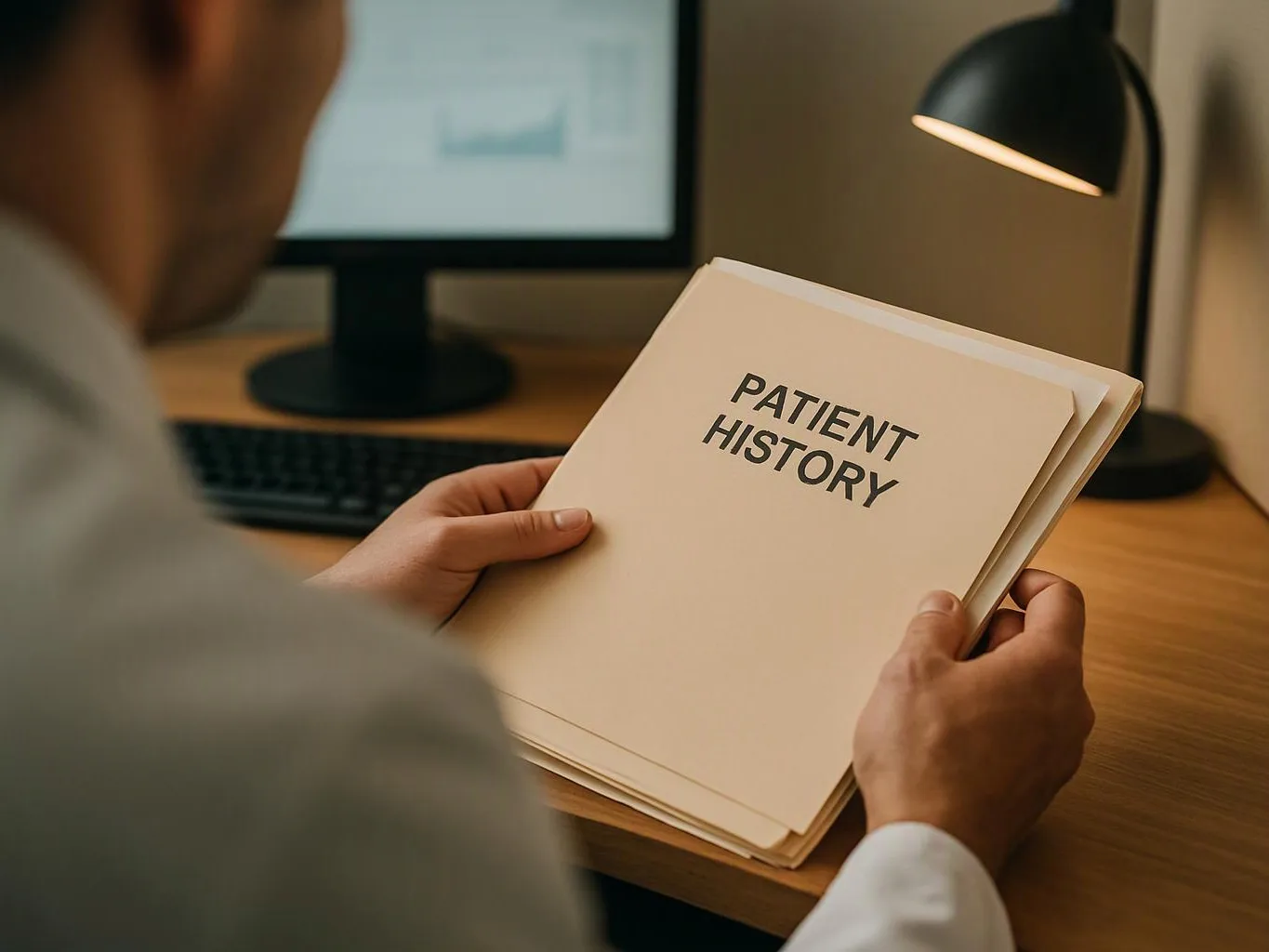 A person at a desk holds a folder labeled “PATIENT HISTORY” beside a monitor and lamp