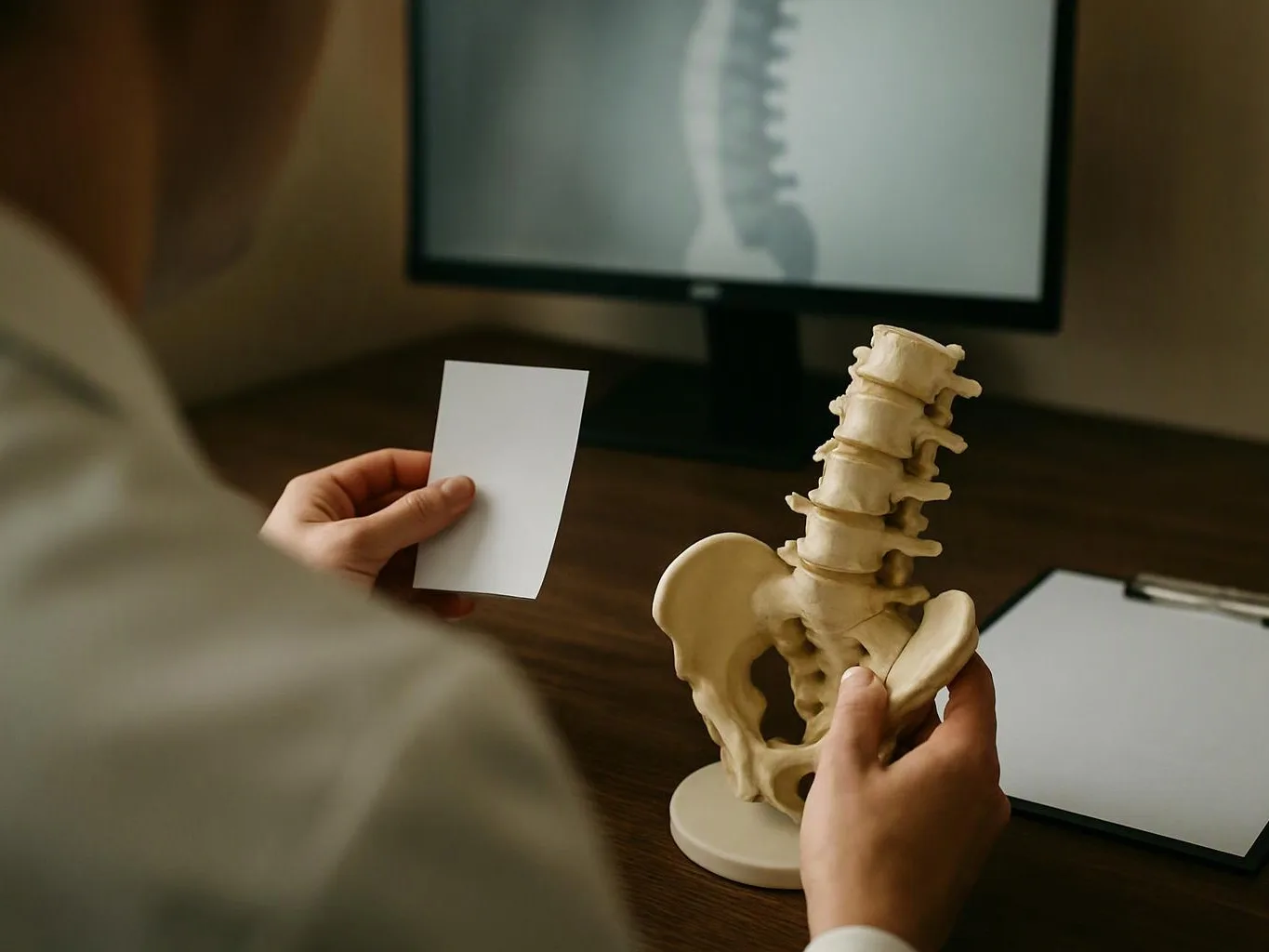 A person examines a spine model while holding a blank card at a desk with a monitor showing an X-ray
