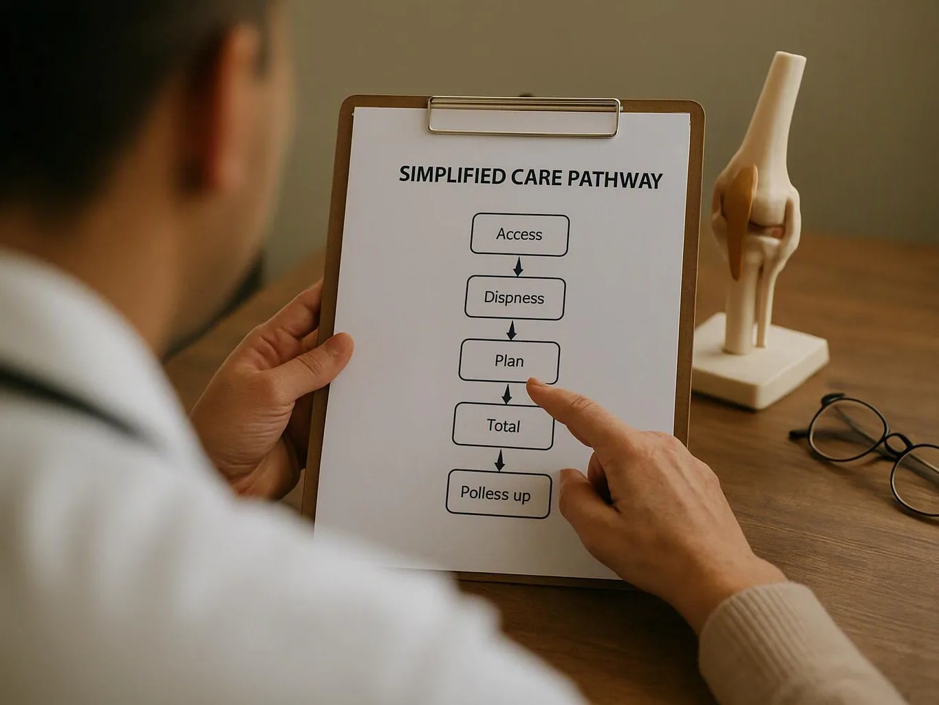 A person points at a clipboard flowchart beside a knee model and eyeglasses on a desk