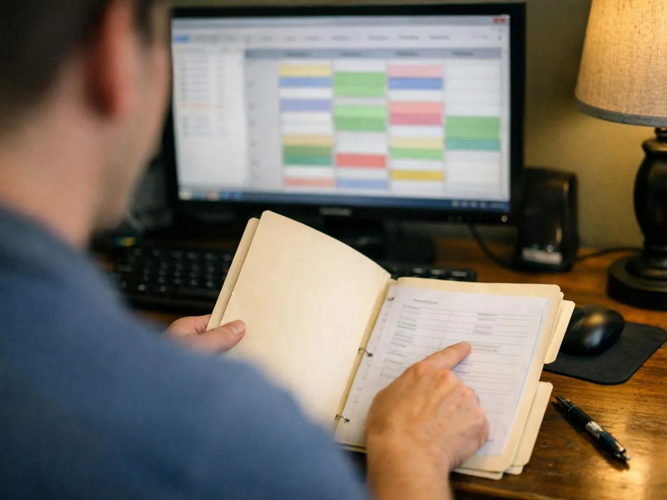 A person points at a planner page on a desk, with a color-blocked calendar on the computer screen behind them