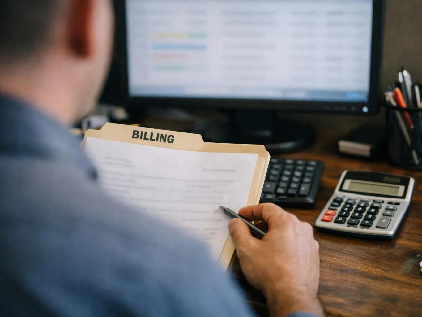 A person reviews a billing folder at a desk, with a computer monitor and calculator nearby