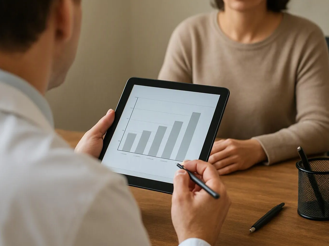 A person shows a rising bar chart on a tablet across a desk to another seated person