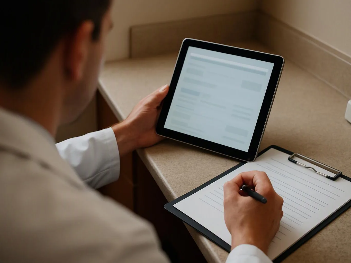 A person sits at a desk, holding a tablet and writing on a clipboard in a quiet room
