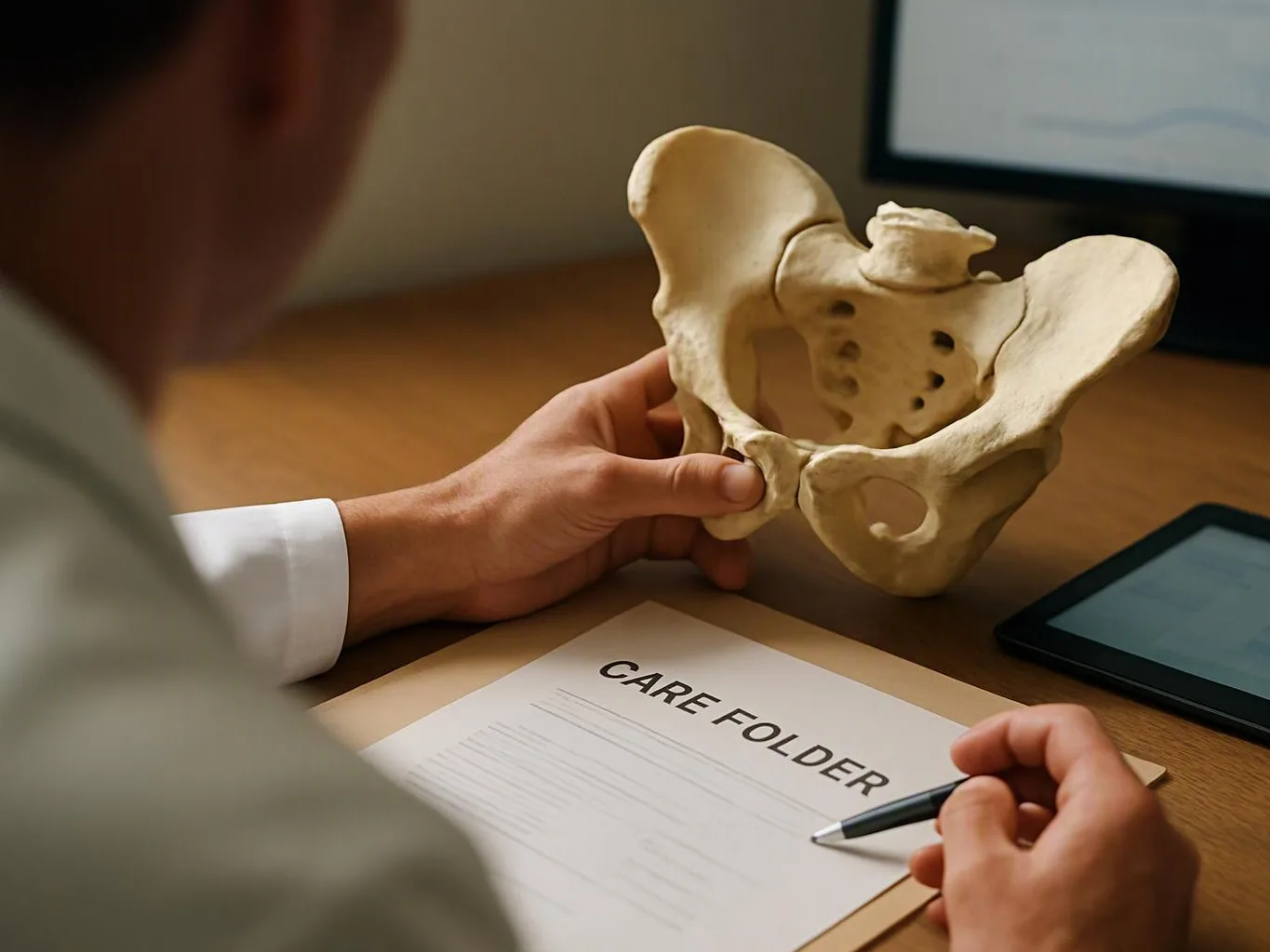 A person studies a pelvic bone model while holding a pen over a care folder on a desk