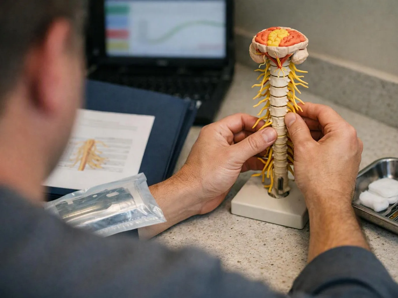 A person studies a spine model with a brain on top at a desk with a laptop and papers