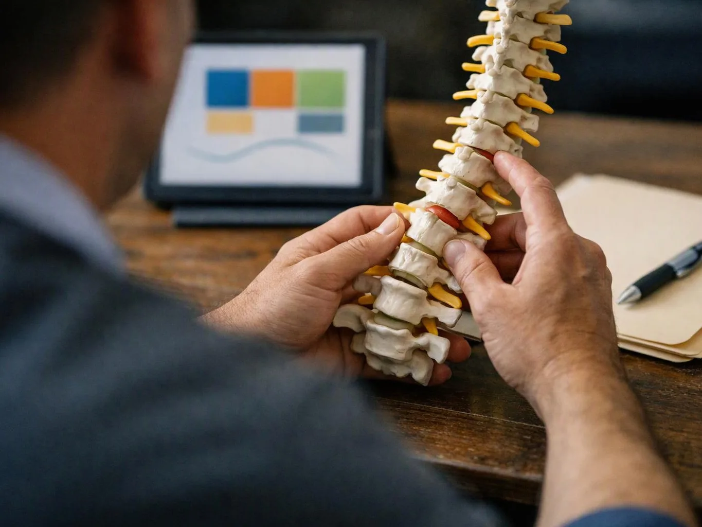 A person studies a spine model at a desk, with a tablet and notebook nearby