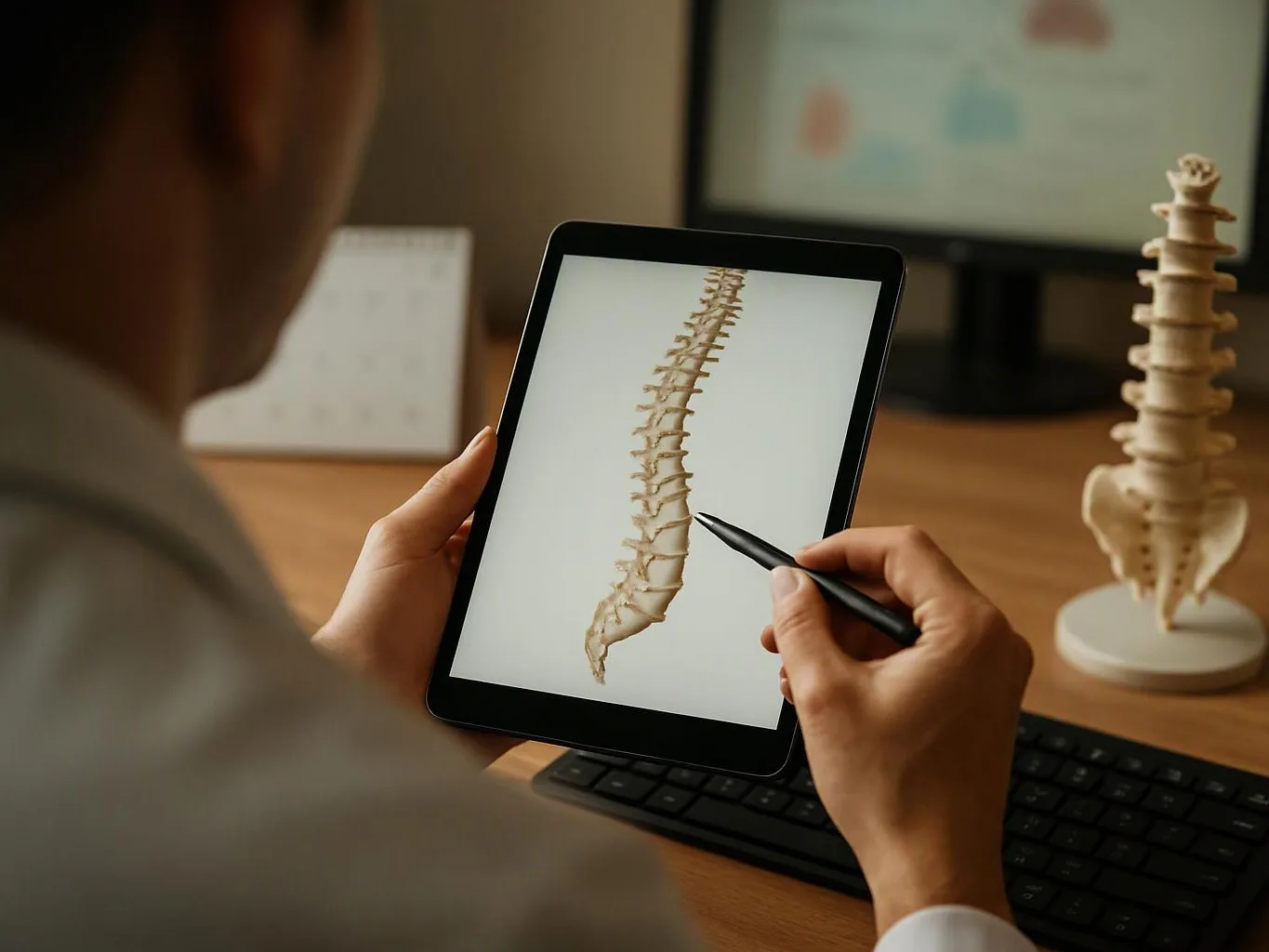 A person studies a spine model on a tablet and points with a stylus at a desk