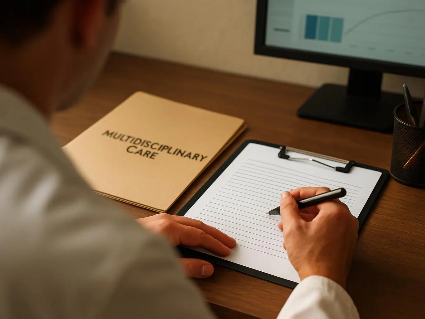 A person in a white coat writes on a clipboard beside a folder labeled “MULTIDISCIPLINARY CARE” on a desk