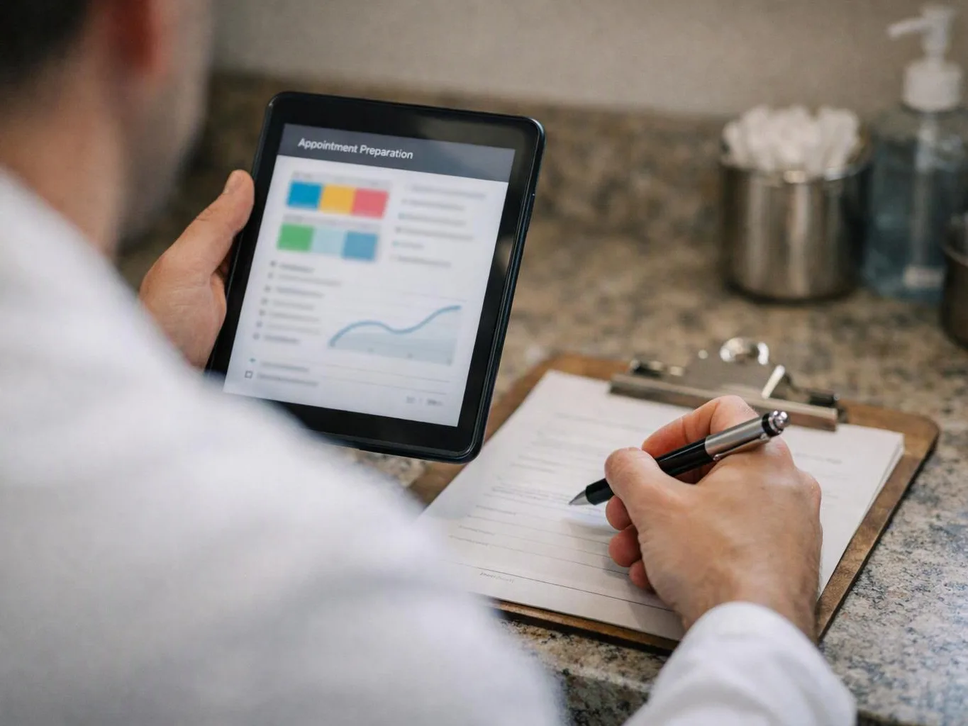 A person in a white coat writes on a clipboard while holding a tablet with an appointment preparation screen
