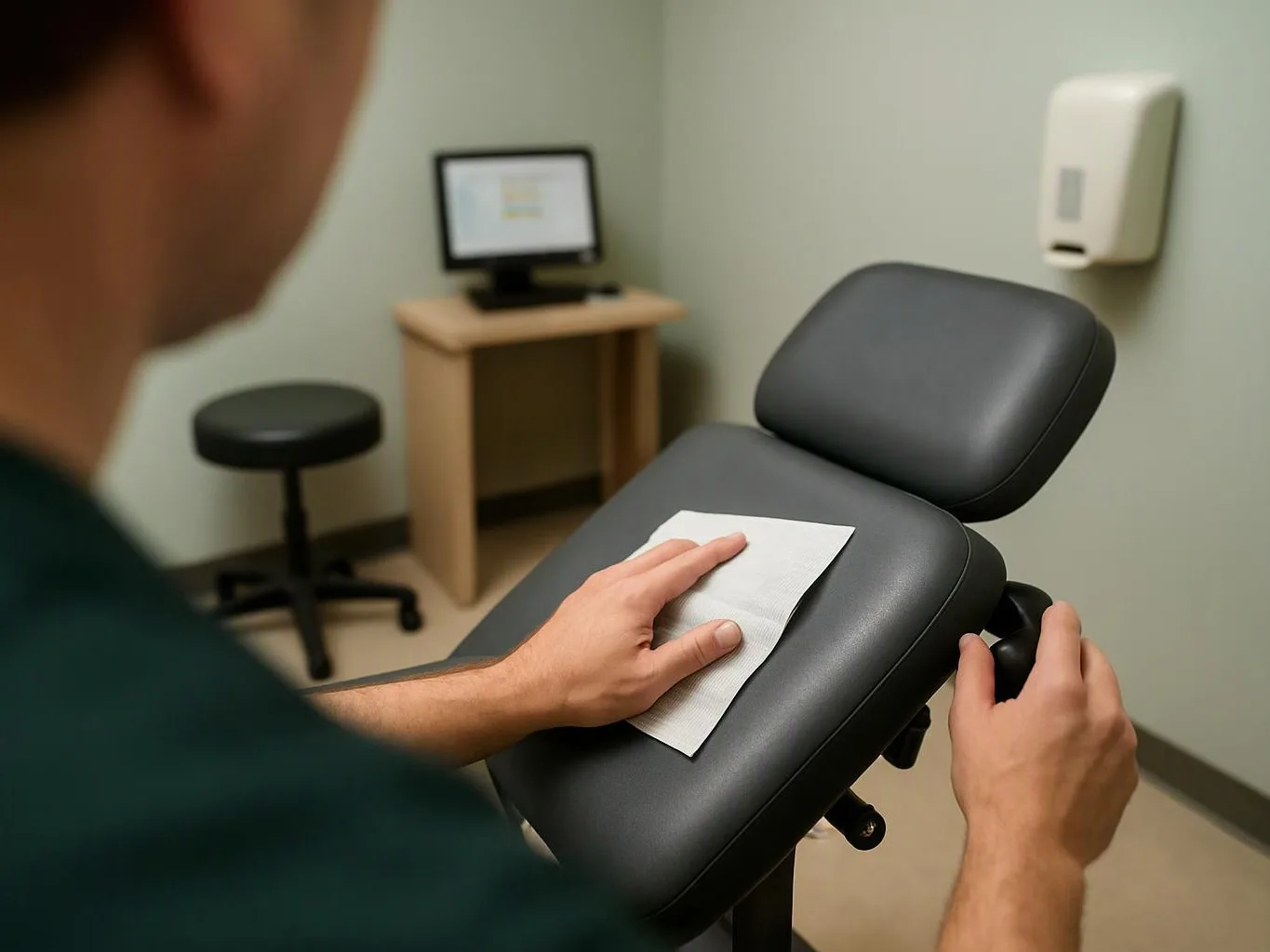 A person wipes a black exam chair in a small medical room with a monitor and stool nearby