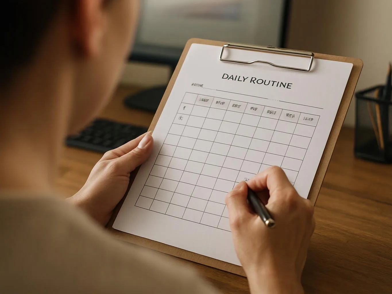 A person writes on a clipboard labeled “DAILY ROUTINE” at a desk with a computer in the background