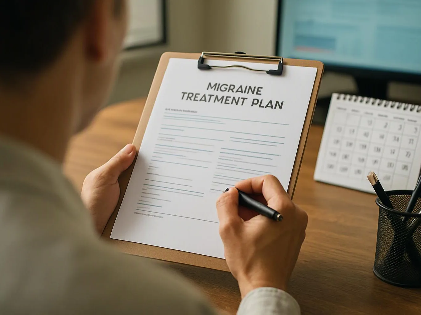 A person writes on a clipboard labeled migraine treatment plan at a desk with a calendar and computer screen