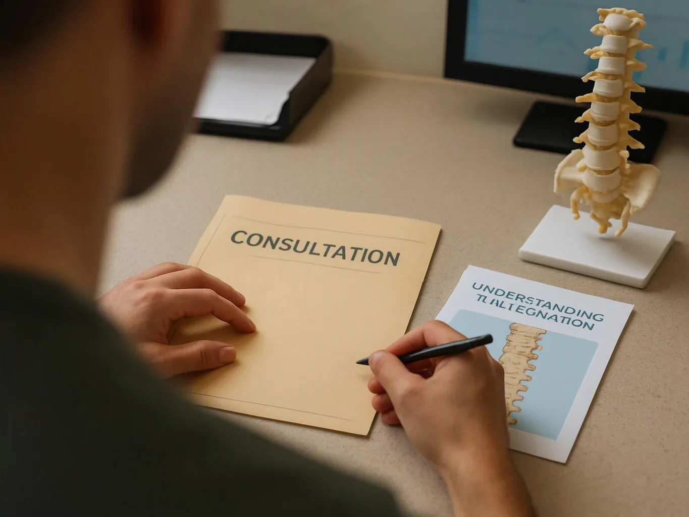 A person writes on a consultation folder beside a spine model and a paper about understanding spinal alignment