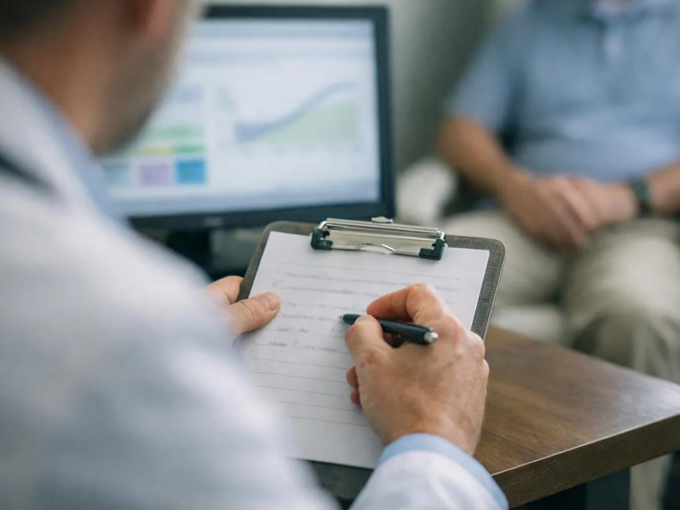 A person writes notes on a clipboard while another sits blurred in a medical office background