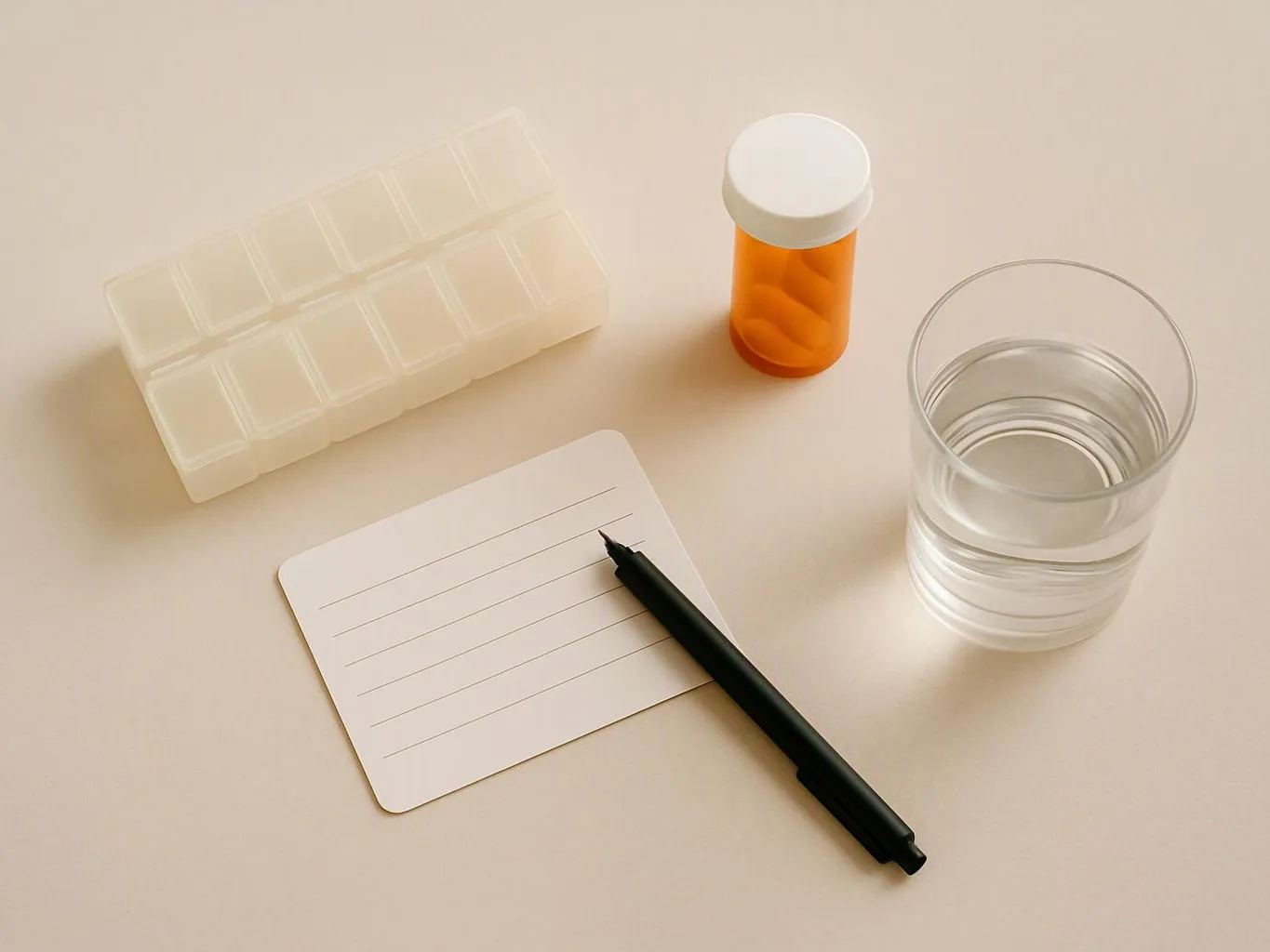 A pill organizer, orange prescription bottle, water glass, blank note card, and black pen rest on a beige surface