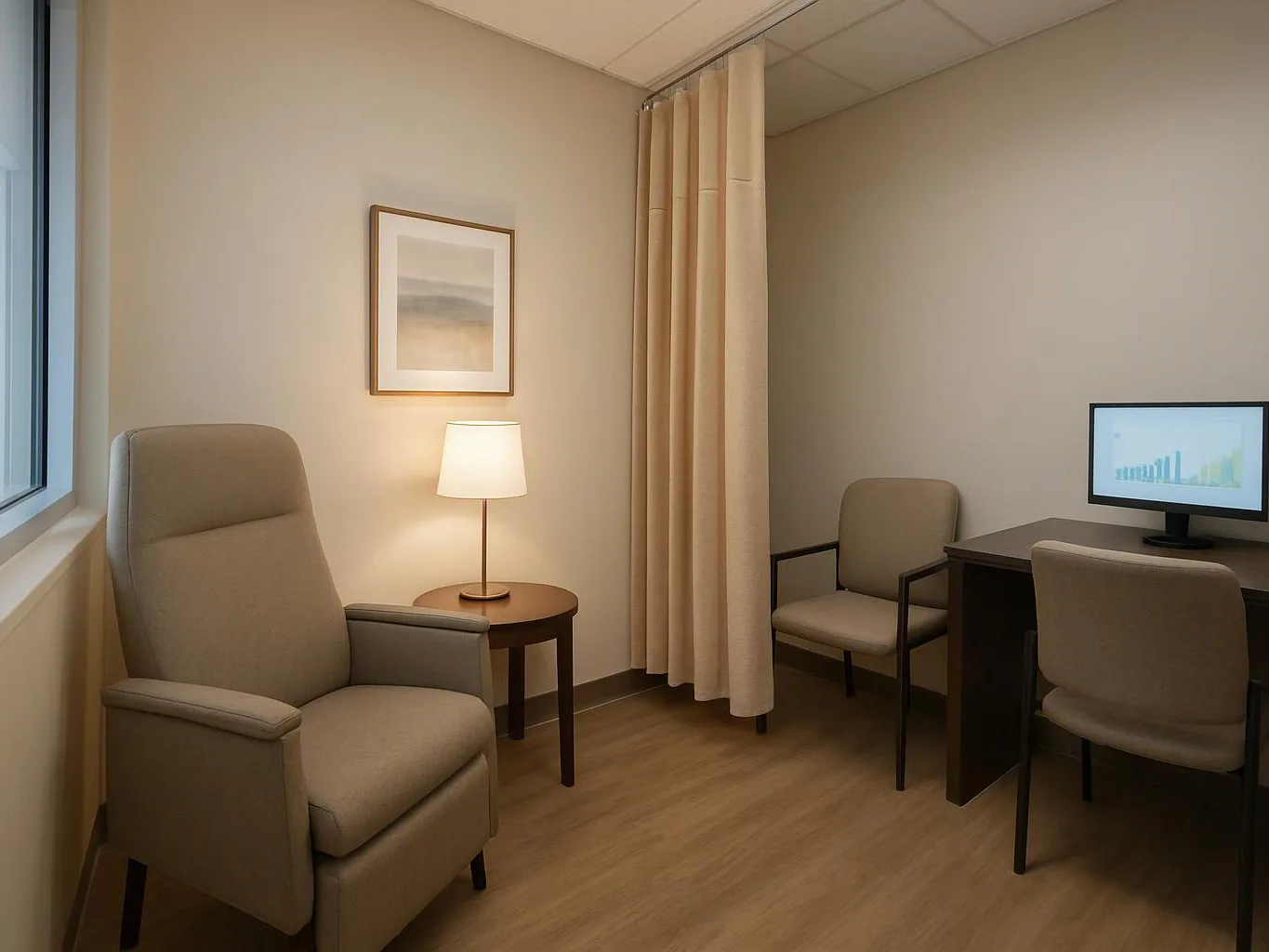 A quiet beige office has two chairs, a lamp, a desk with a monitor, and a curtained corner