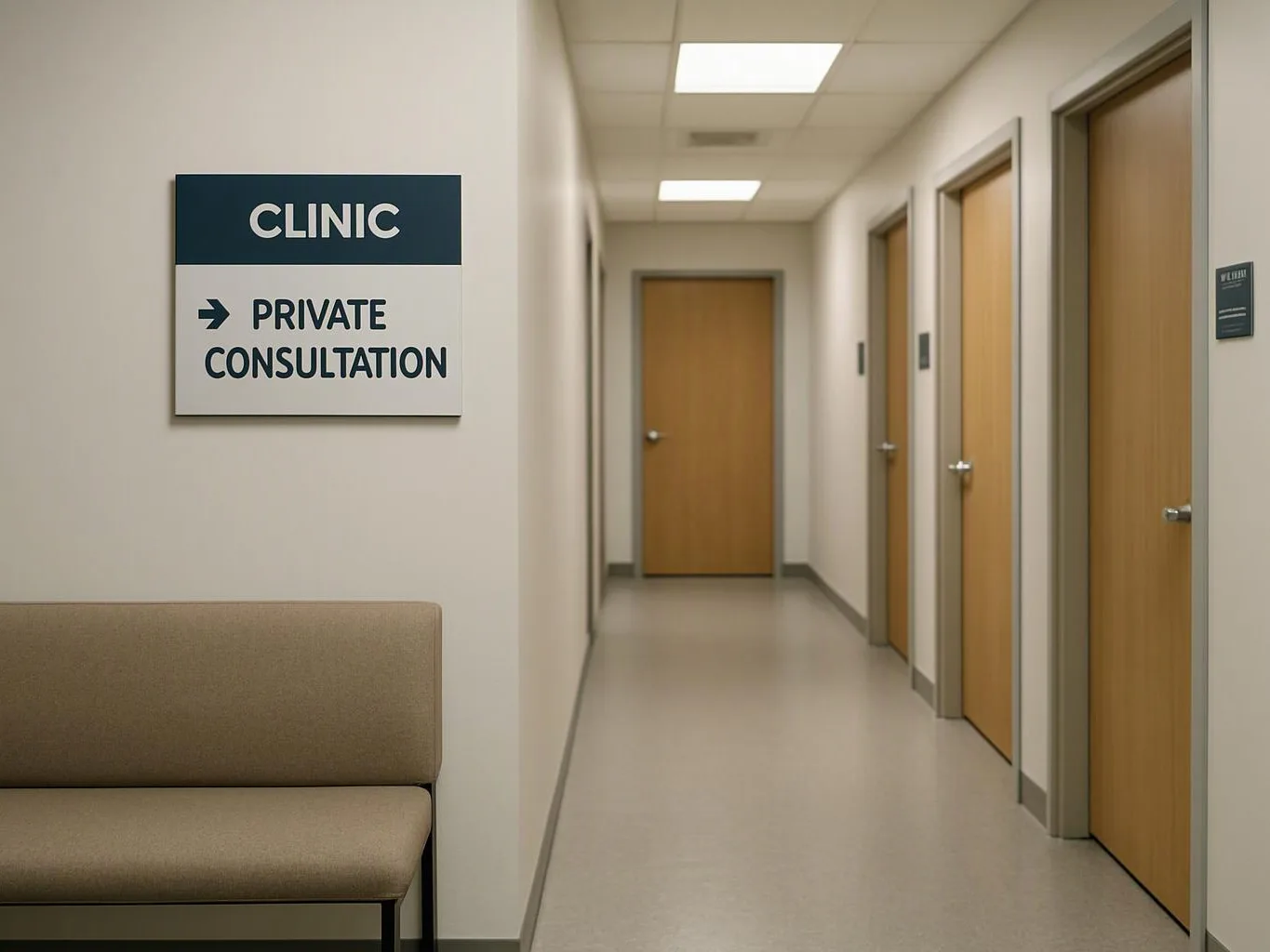 A quiet clinic hallway shows a sign for private consultation beside closed wooden doors and a waiting bench