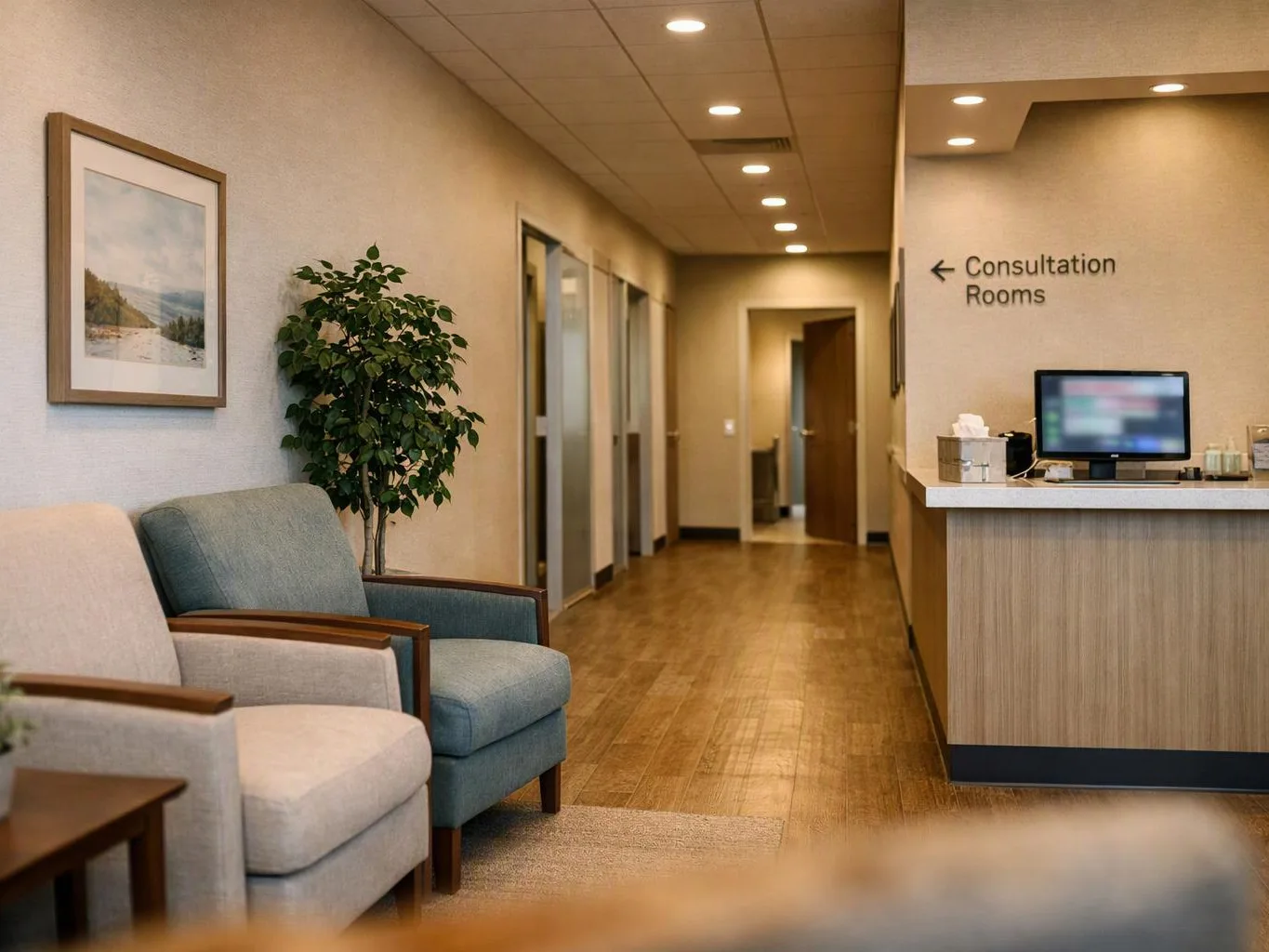 A quiet clinic waiting area with armchairs, a reception desk, and a sign pointing to consultation rooms