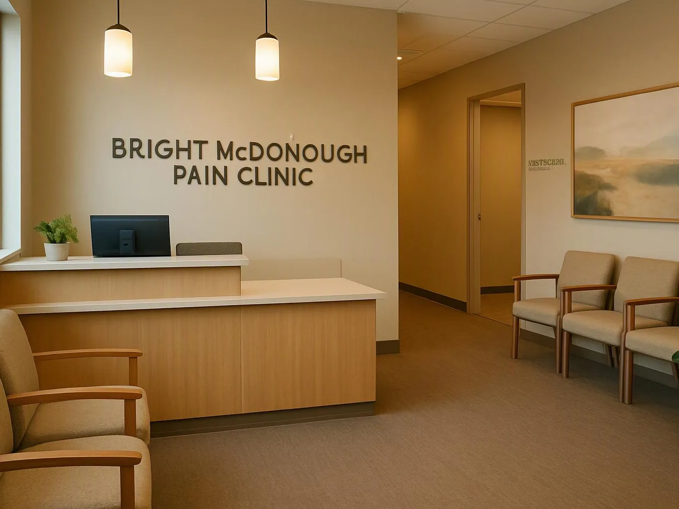 Quiet clinic waiting room with a reception desk, chairs, and wall text reading “Bright McDonough Pain Clinic”