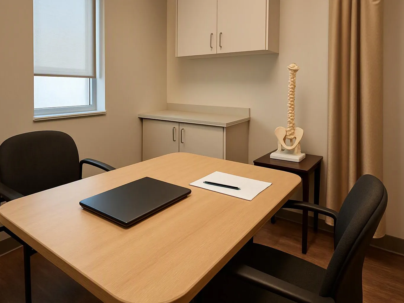 A quiet exam room has a desk, two chairs, a closed laptop, and a spine model on a side table