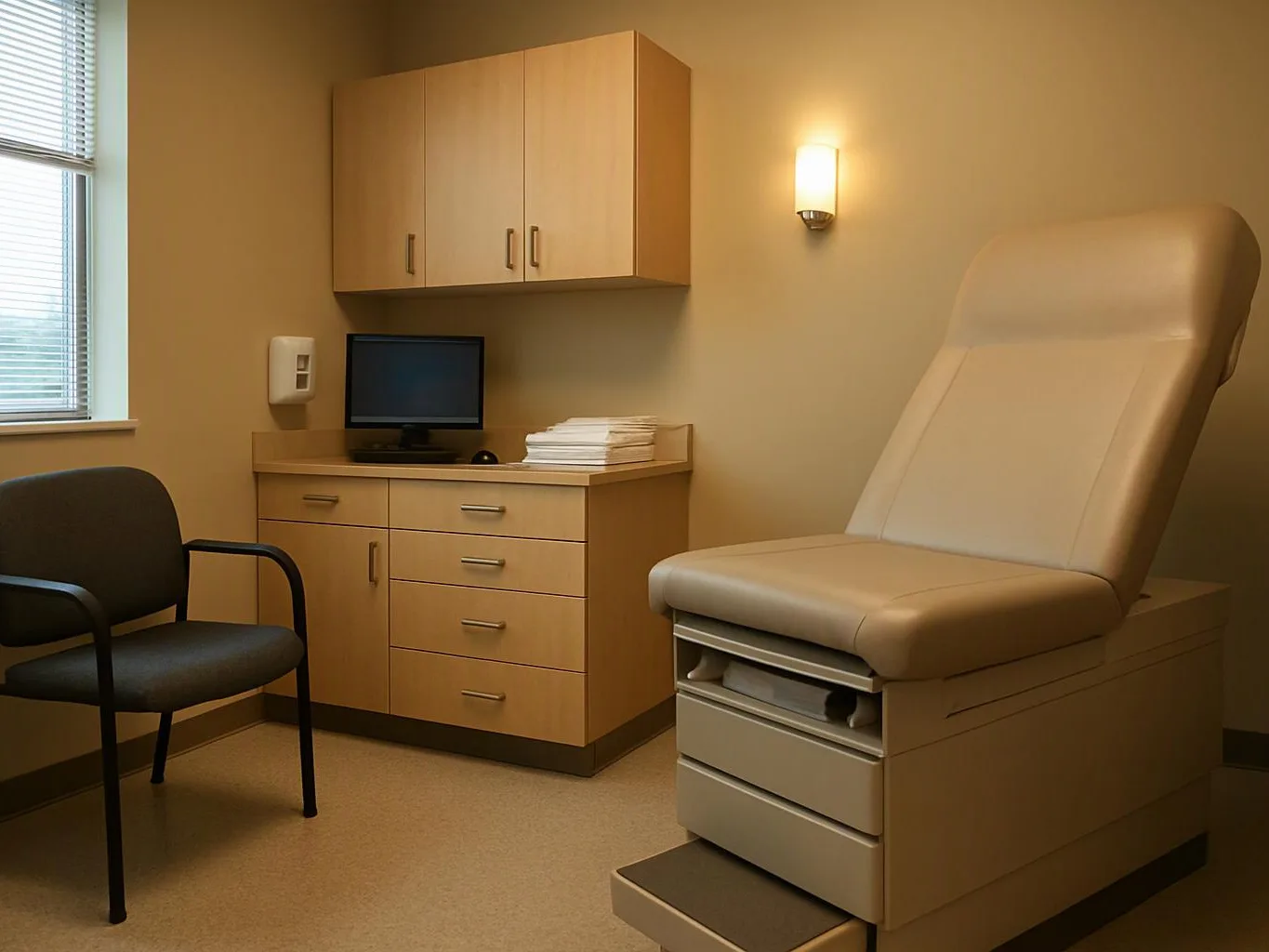 A quiet exam room has a padded medical table, cabinet, monitor, chair, and window blinds