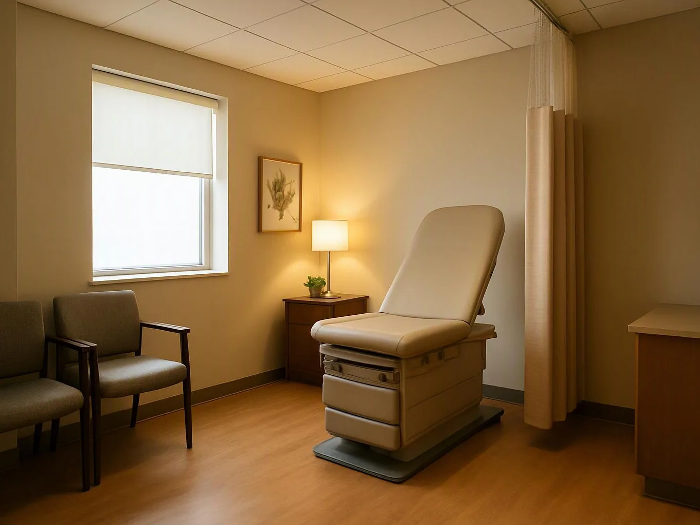 A quiet exam room holds a padded medical chair, waiting chairs, a lamp, and a curtained window