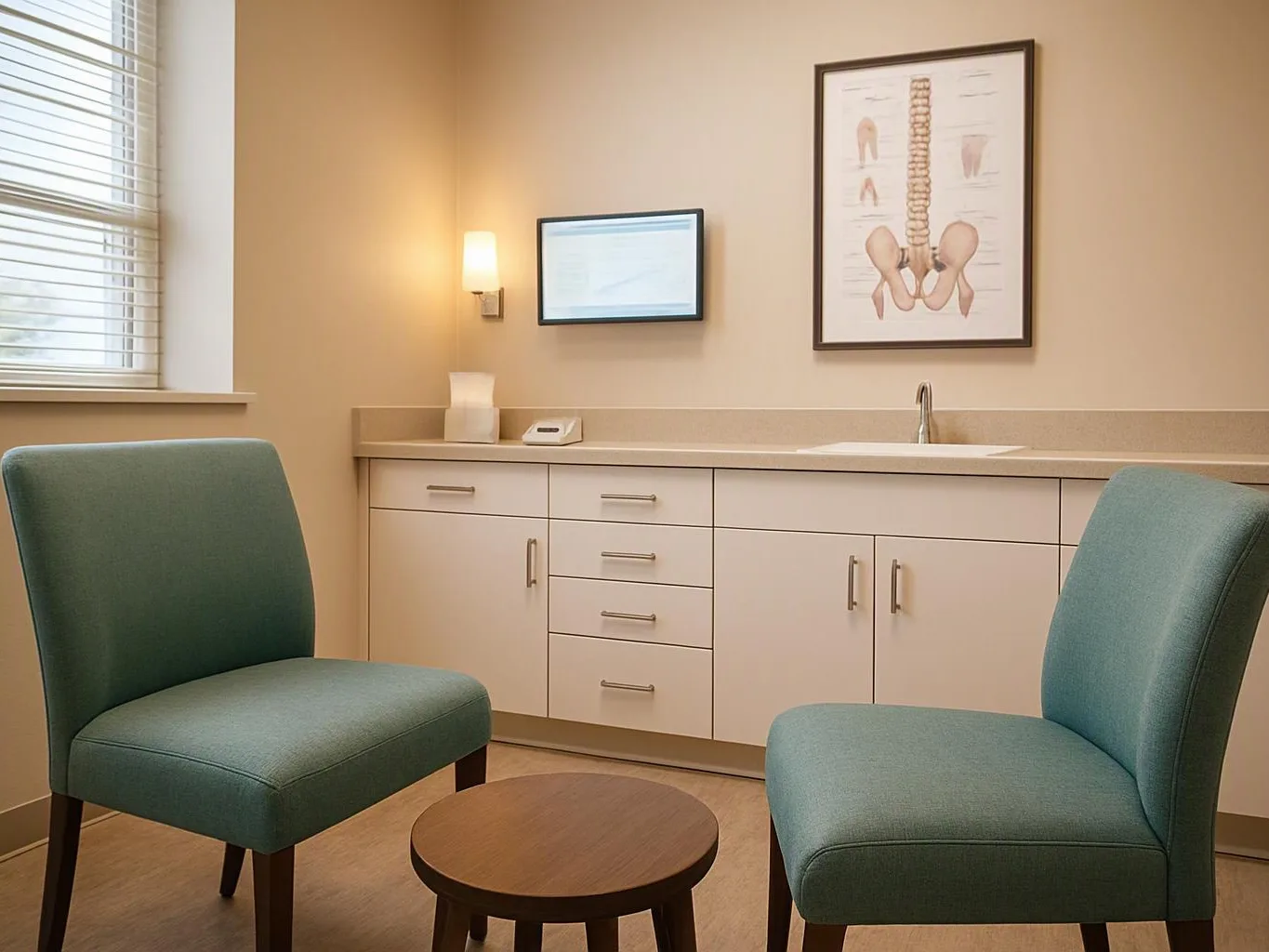 A quiet exam room shows two teal chairs, a small round table, and medical cabinets with spine anatomy posters