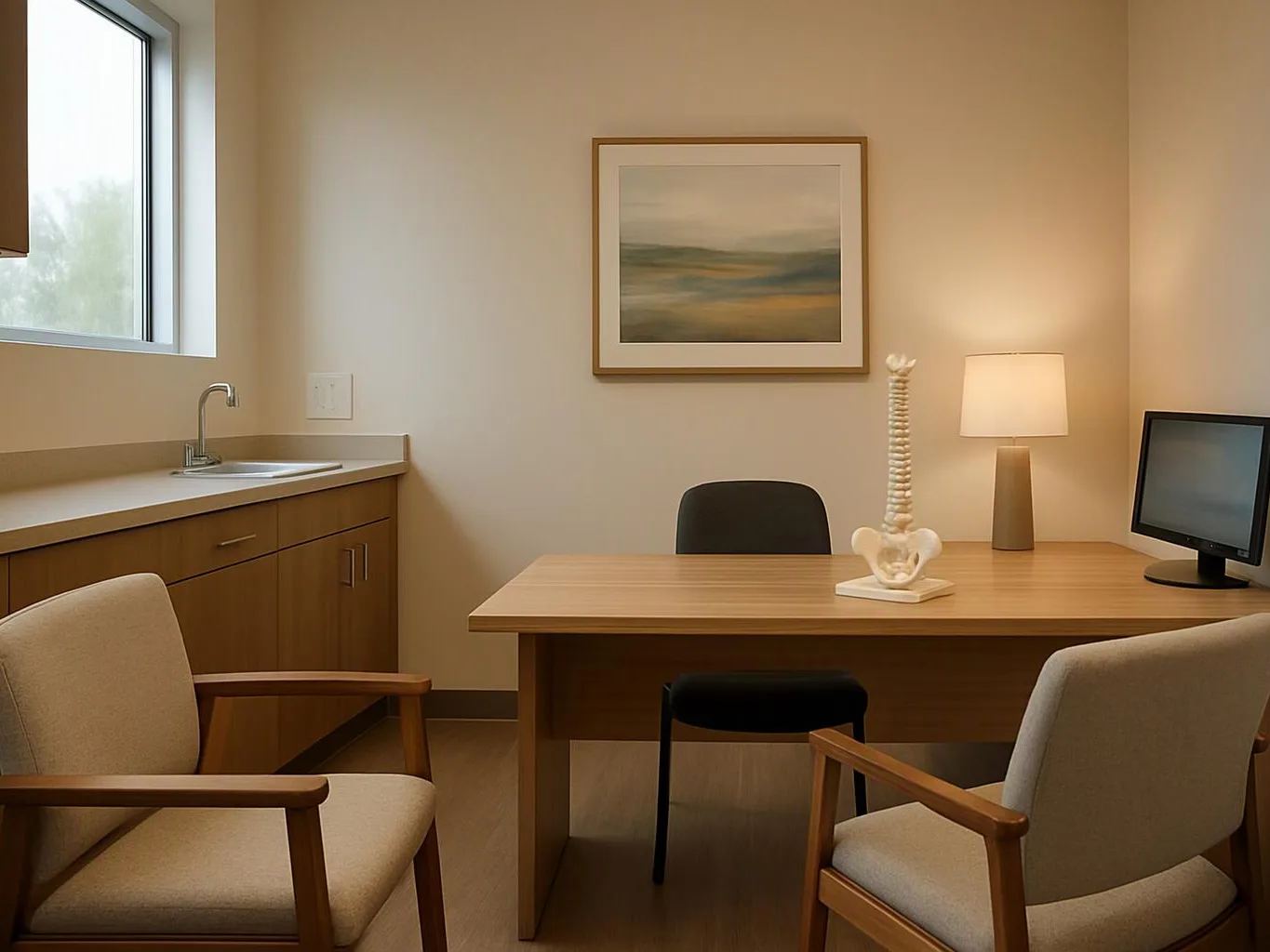 A quiet medical office shows a desk, chairs, sink, lamp, monitor, and spine model on the table