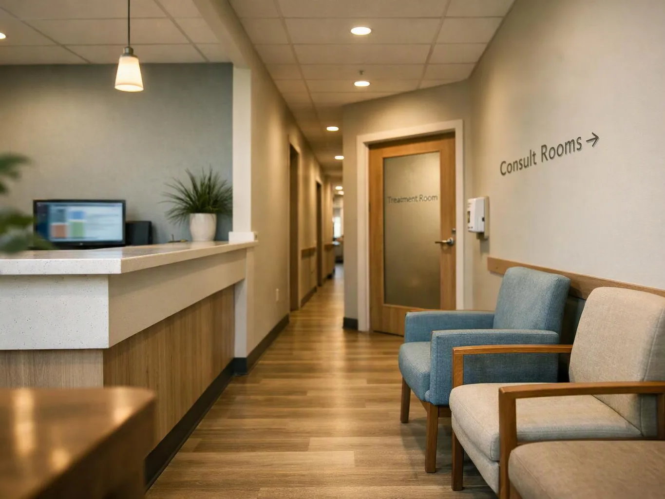 A quiet medical waiting area with chairs, a reception desk, a hallway, and consult room signs
