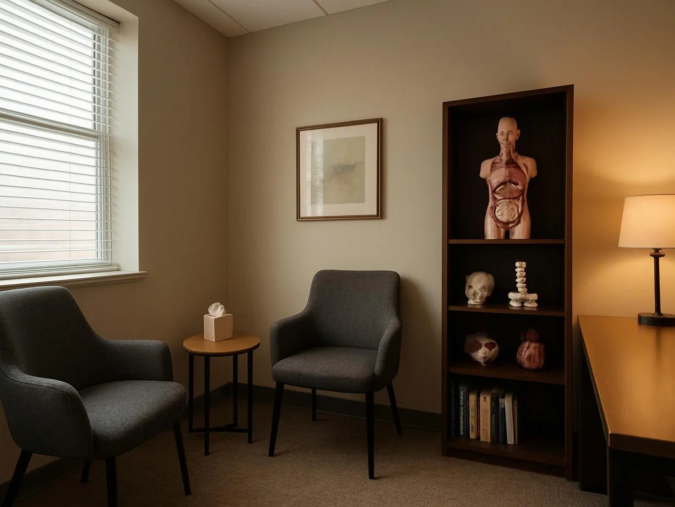 A quiet office corner with two gray chairs, a small side table, framed art, a lamp, and anatomical models on a shelf