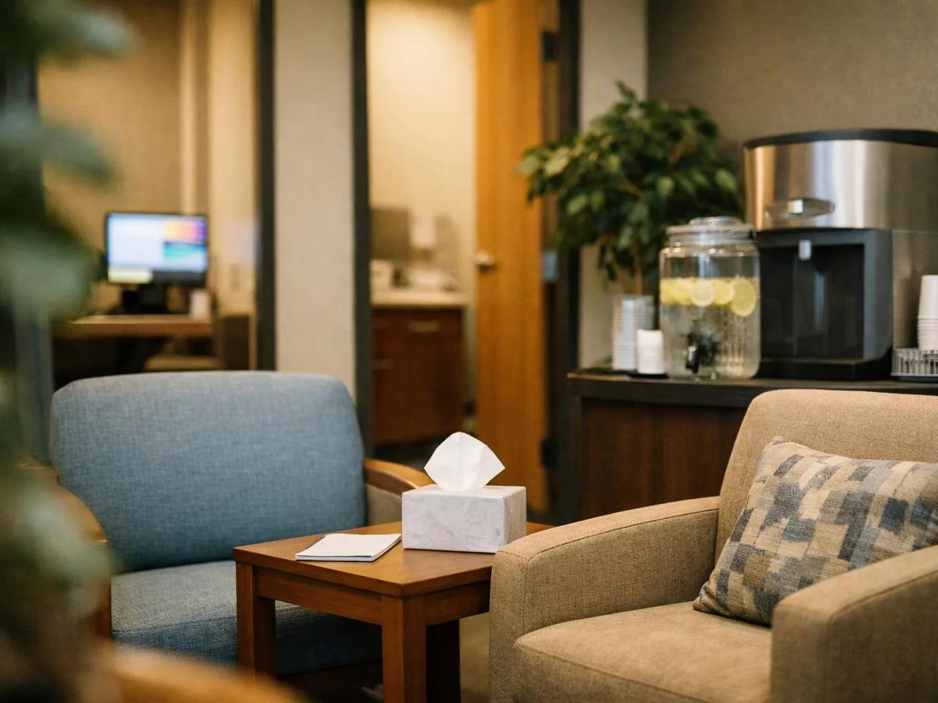 A quiet office lounge has two armchairs, a side table with tissues, and a drink station in back