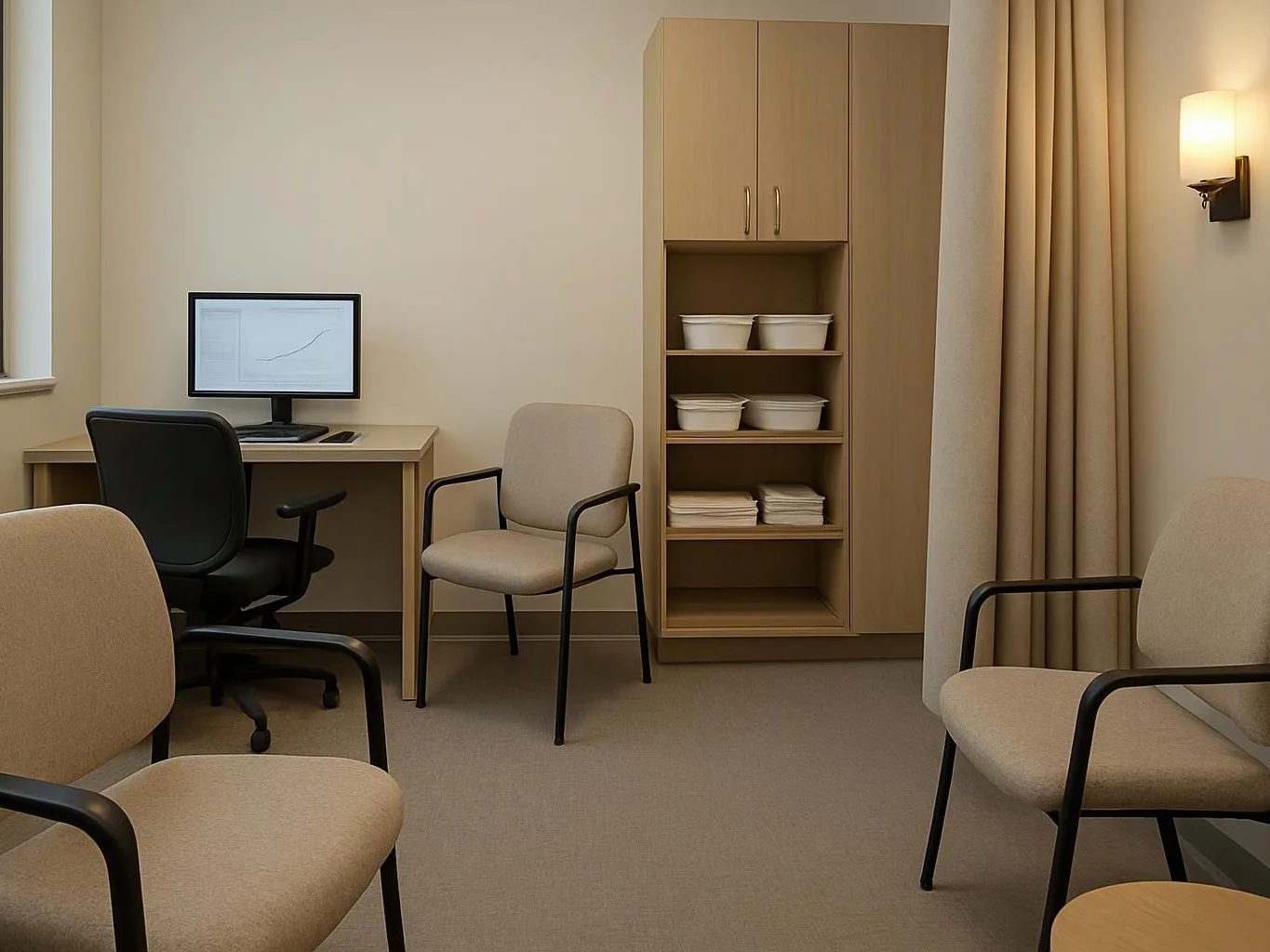 A quiet office room has a desk, computer, four chairs, and a cabinet with storage bins and towels