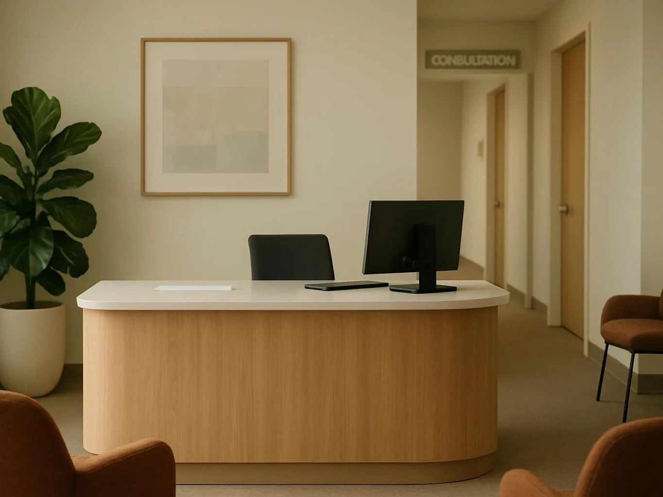 A quiet reception area shows a wood desk, black monitor, potted plant, chairs, and a hallway sign reading "CONSULTATION"