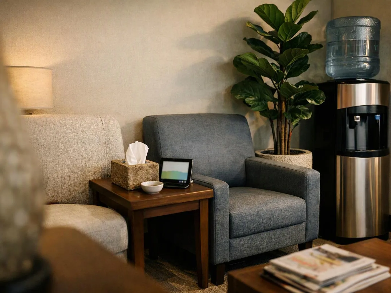 A quiet waiting area with two chairs, a side table, a potted plant, and a water dispenser